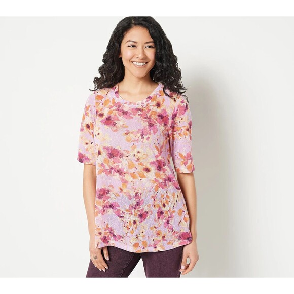 LOGO LORI GOLDSTEIN A500528 Pink Purple Floral Sweaterknit Joplin Top SIZE LARGE - Picture 1 of 14